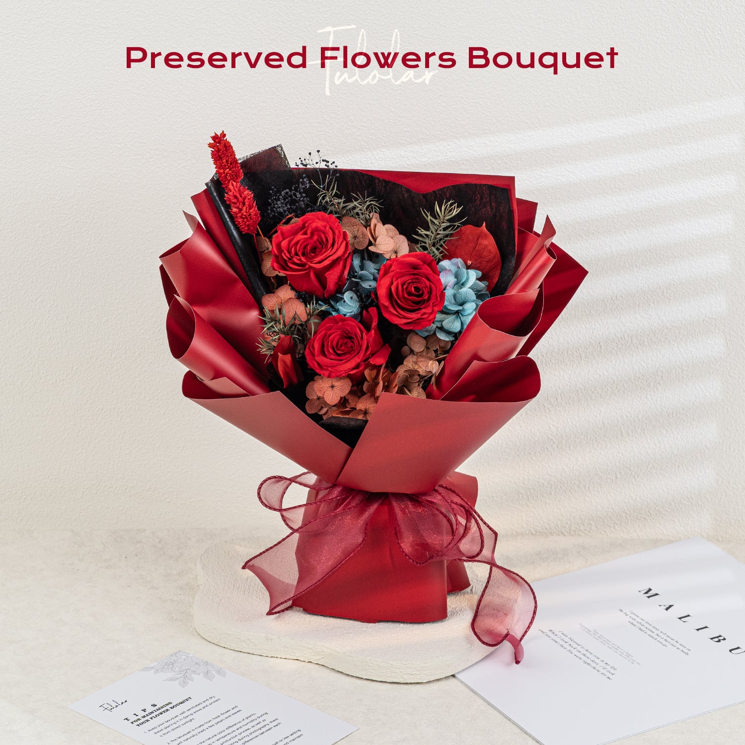 Fulolar Preserved Flowers Bouquet, Gift Box Packed Natural Long Lasting Forever Rose -Red